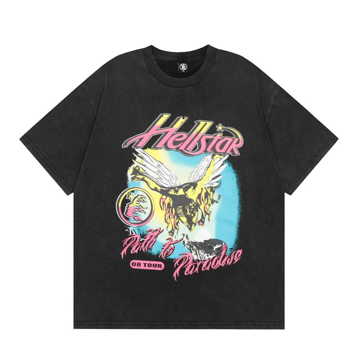 P126 Hellstar Studios Vintage PATH TO PARADISE 08 T-SHIRT SUMMA SAGA Hellstar Smiling Earth Washed and Distressed Short-Sleeved T-shirt The new hot beauty trend Hellstar!  Standard beauty and trendy workmanship, original customization (fabric, pattern, printing, hang tag, main mark, etc.), exaggerated style, explosive style, dare to break through tradition, bring adventurous new fashion experience!  YoungBoy, the most popular rapper in the youth circle, has shot a lot of models for him, and celebrities such as Dababy and Swae Lee frequently get dressed!  color: Vintage Black (washed black) size: S, M, L, XL