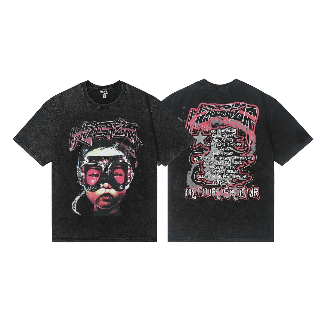 7717# P124 Washed Hellstar Hellstar ins same style retro printed tops for men and women, casual and trendy pure cotton washed short-sleeved T-shirt Color: Black Size: S M L XL