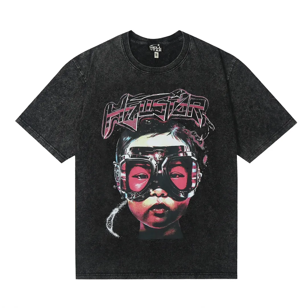 7717# P124 Washed Hellstar Hellstar ins same style retro printed tops for men and women, casual and trendy pure cotton washed short-sleeved T-shirt Color: Black Size: S M L XL