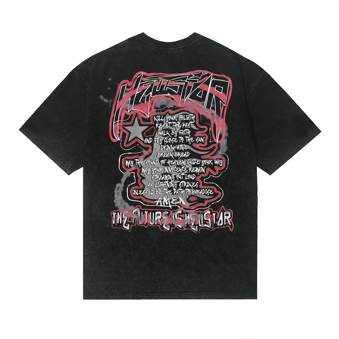 7717# P124 Washed Hellstar Hellstar ins same style retro printed tops for men and women, casual and trendy pure cotton washed short-sleeved T-shirt Color: Black Size: S M L XL