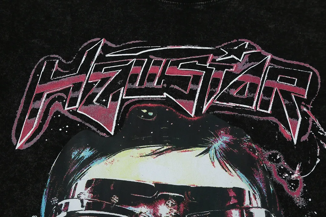 7717# P124 Washed Hellstar Hellstar ins same style retro printed tops for men and women, casual and trendy pure cotton washed short-sleeved T-shirt Color: Black Size: S M L XL