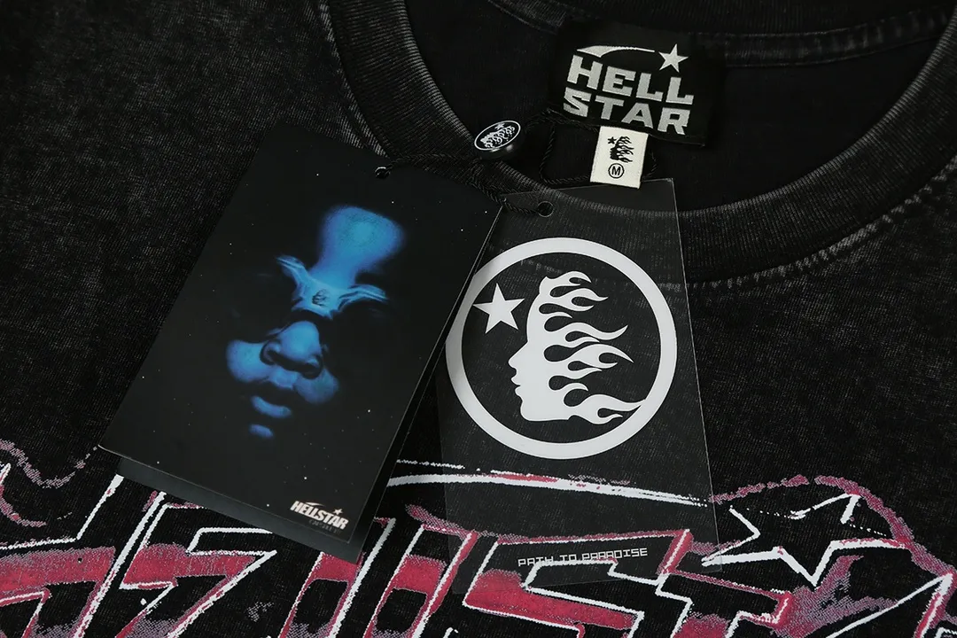 7717# P124 Washed Hellstar Hellstar ins same style retro printed tops for men and women, casual and trendy pure cotton washed short-sleeved T-shirt Color: Black Size: S M L XL