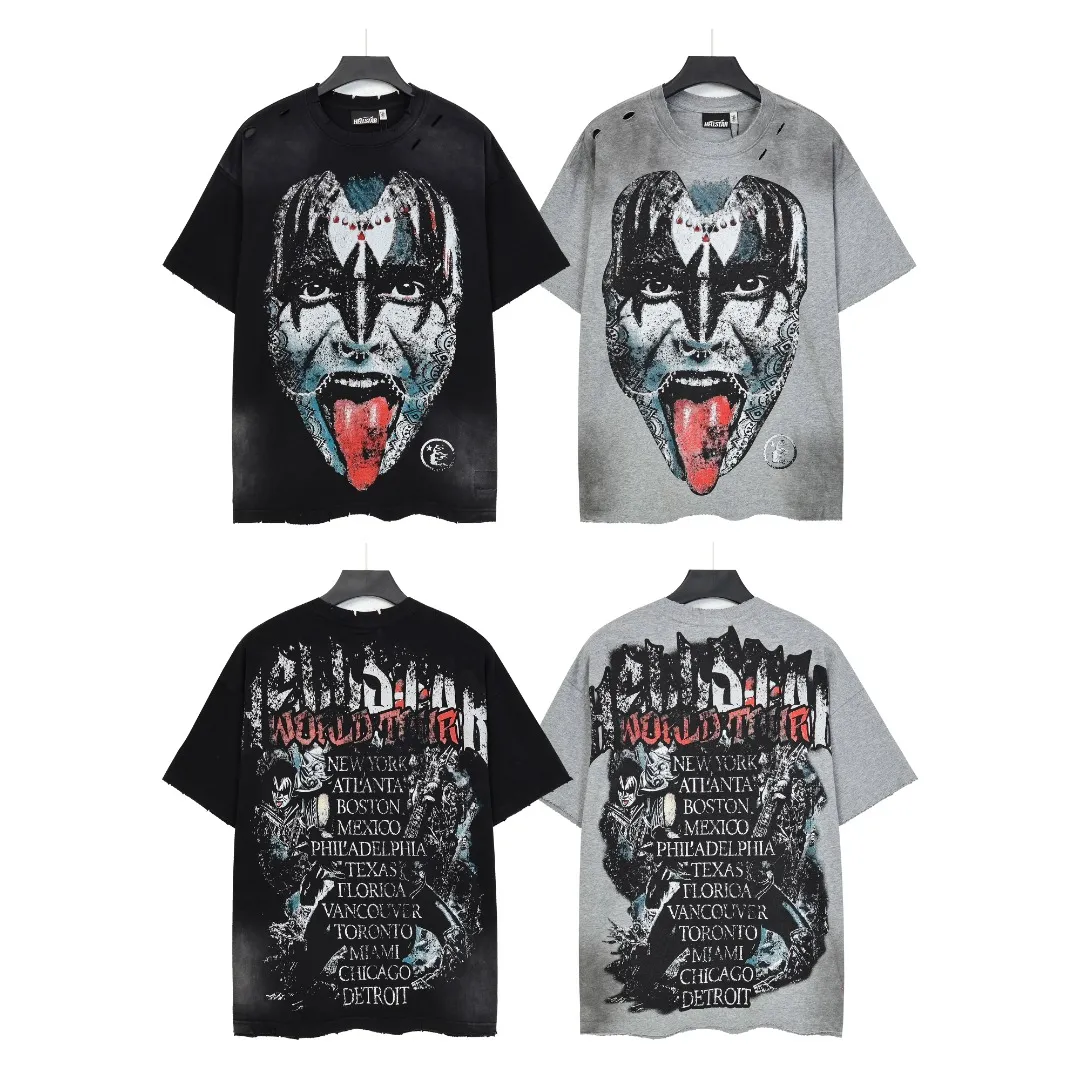 P134 Hellstar/Hellstar (actual shot) Craftsmanship: Washed and sprayed + holes + the whole piece is washed and frayed by hand Cross-border European and American style street brand pure cotton T-shirt Fabric (fabric): 32 count 250g washed combed double yarn pure cotton Size (size): S-M- L- X L Color (colour): Washed gray/washed black 👉