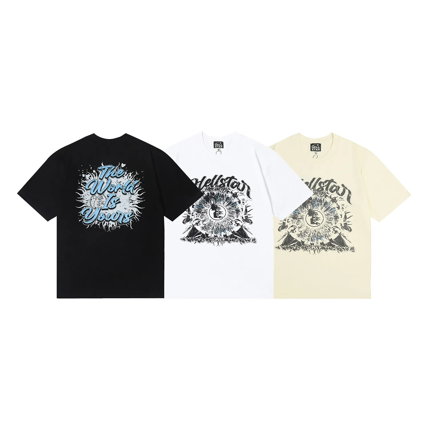 6656# P112 Hellstar American fashion high street pure cotton loose short-sleeved T-shirt Color: White Black Apricot Code Number: S M L XL