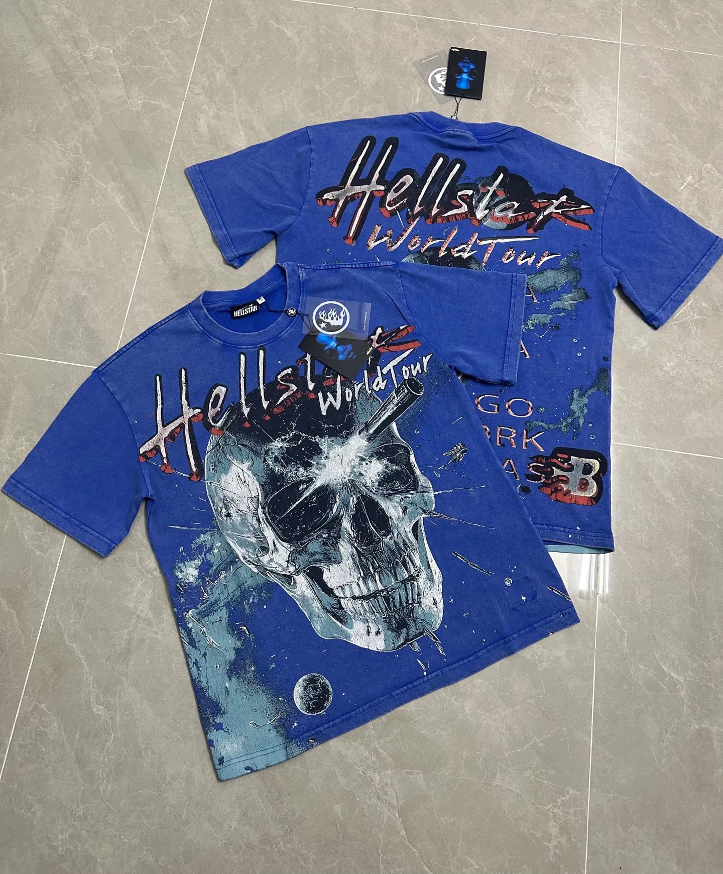 P124 951# Washed Klein Blue Hellstar Cross-border European and American style street fashion brand pure cotton T-shirt Fabric (fabric): 32 counts 250g washed combed double yarn pure cotton Size (size): S-M- L- X L Color (colour): Washed Klein blue