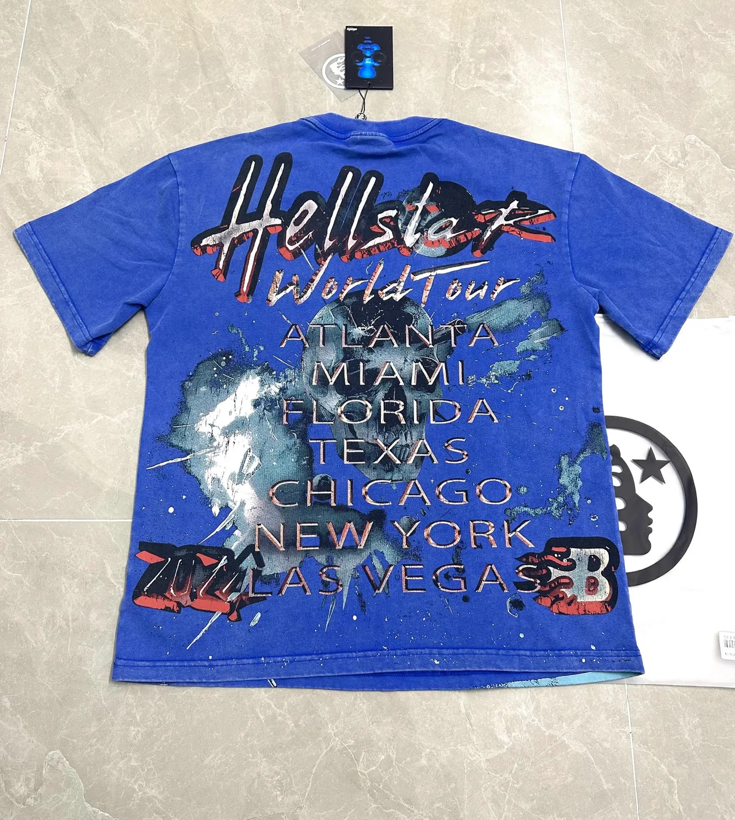 P124 951# Washed Klein Blue Hellstar Cross-border European and American style street fashion brand pure cotton T-shirt Fabric (fabric): 32 counts 250g washed combed double yarn pure cotton Size (size): S-M- L- X L Color (colour): Washed Klein blue