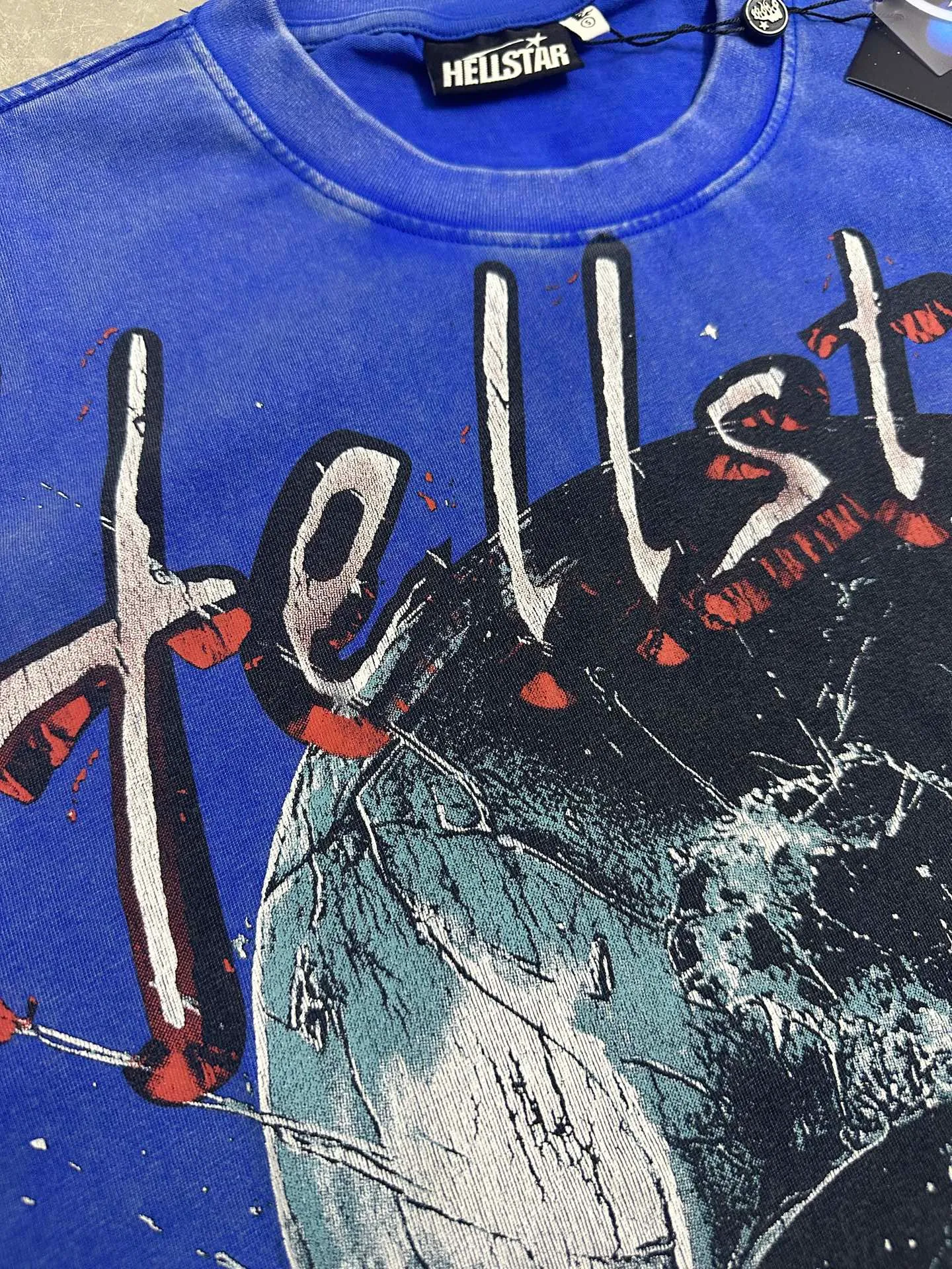 P124 951# Washed Klein Blue Hellstar Cross-border European and American style street fashion brand pure cotton T-shirt Fabric (fabric): 32 counts 250g washed combed double yarn pure cotton Size (size): S-M- L- X L Color (colour): Washed Klein blue