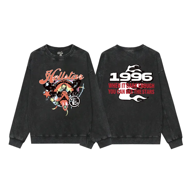 2208# P176 Washed European and American trendy brand Hellstar Washed and aged American men and women couples casual loose round neck pocketless pullover sweatshirt Color: Black Size: S M L XL
