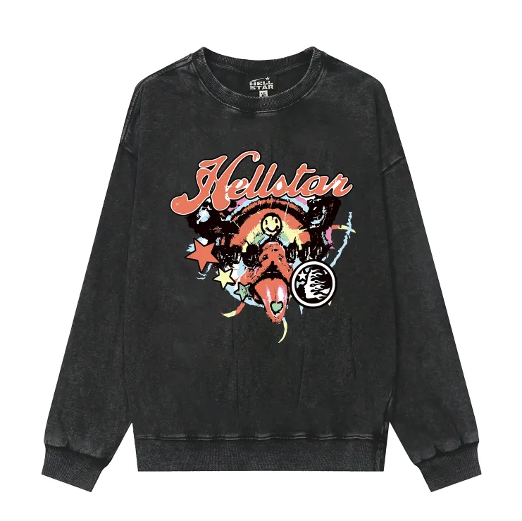 2208# P176 Washed European and American trendy brand Hellstar Washed and aged American men and women couples casual loose round neck pocketless pullover sweatshirt Color: Black Size: S M L XL