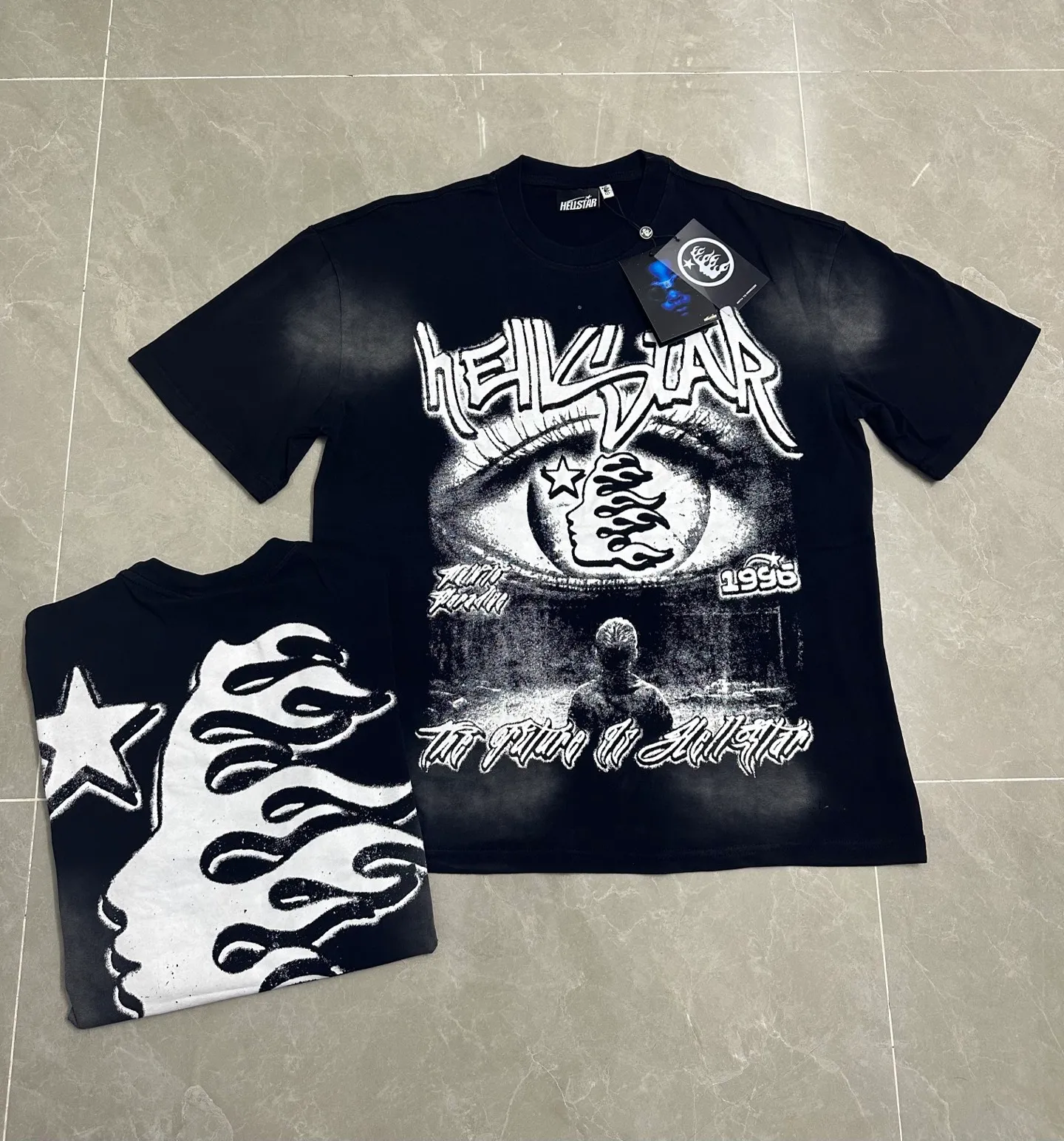 P124 838## Washed black spray Ma Liu I Hellstar Cross-border European and American style street fashion brand pure cotton T-shirt Fabric (fabric): 32 counts 250g washed combed double yarn pure cotton Size (size): S-M- L- X L Color (colour): Washed black (spray Ma Liu)
