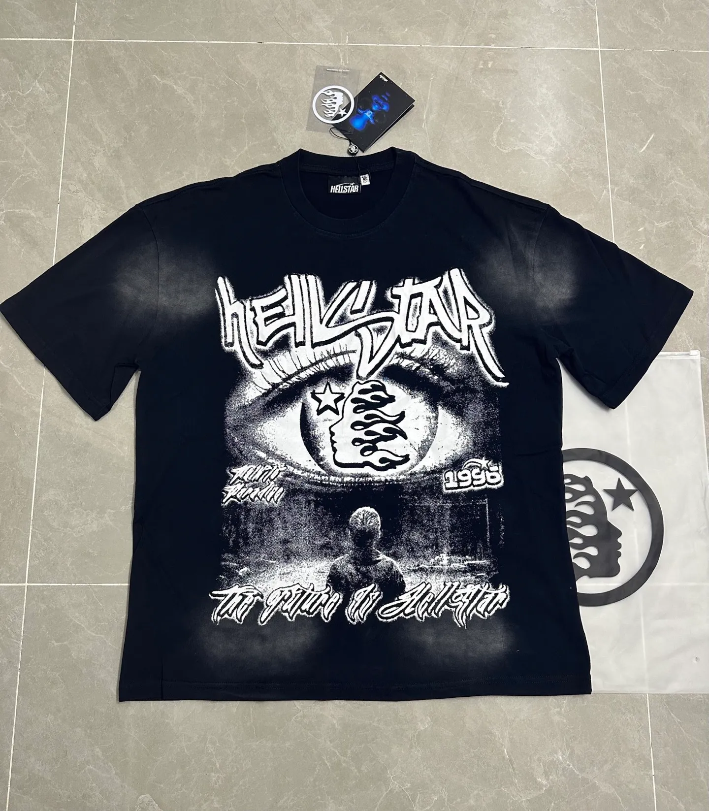 P124 838## Washed black spray Ma Liu I Hellstar Cross-border European and American style street fashion brand pure cotton T-shirt Fabric (fabric): 32 counts 250g washed combed double yarn pure cotton Size (size): S-M- L- X L Color (colour): Washed black (spray Ma Liu)