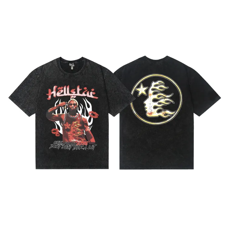 7734# P124 Washed Hellstar Hellstar ins same style retro printed tops for men and women, casual and trendy pure cotton washed short-sleeved T-shirt Color: Black Size: S M L XL