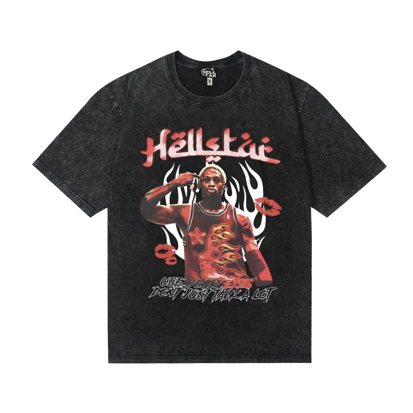 7734# P124 Washed Hellstar Hellstar ins same style retro printed tops for men and women, casual and trendy pure cotton washed short-sleeved T-shirt Color: Black Size: S M L XL