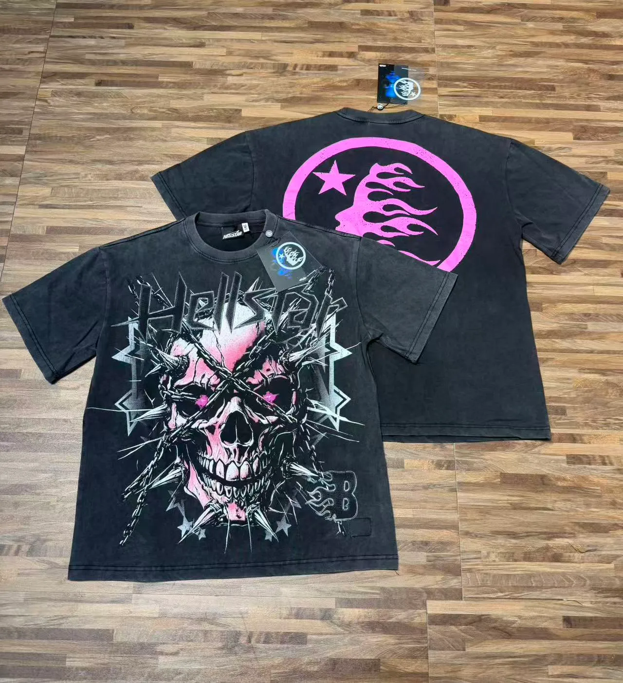 P124 Real-stock high-definition Hellstar Cross-border European and American style street brand pure cotton T-shirt Fabric (fabric): 32 pieces of 250g washed combed double yarn pure cotton Size (size): S-M- L- X L Color (colour): Washed black 👉