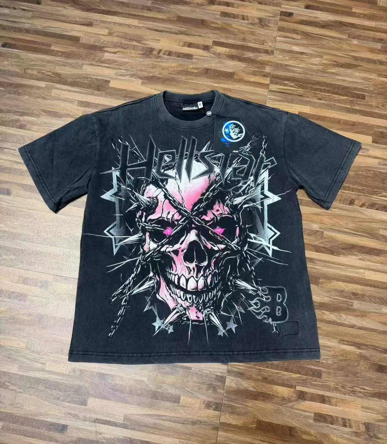 P124 Real-stock high-definition Hellstar Cross-border European and American style street brand pure cotton T-shirt Fabric (fabric): 32 pieces of 250g washed combed double yarn pure cotton Size (size): S-M- L- X L Color (colour): Washed black 👉