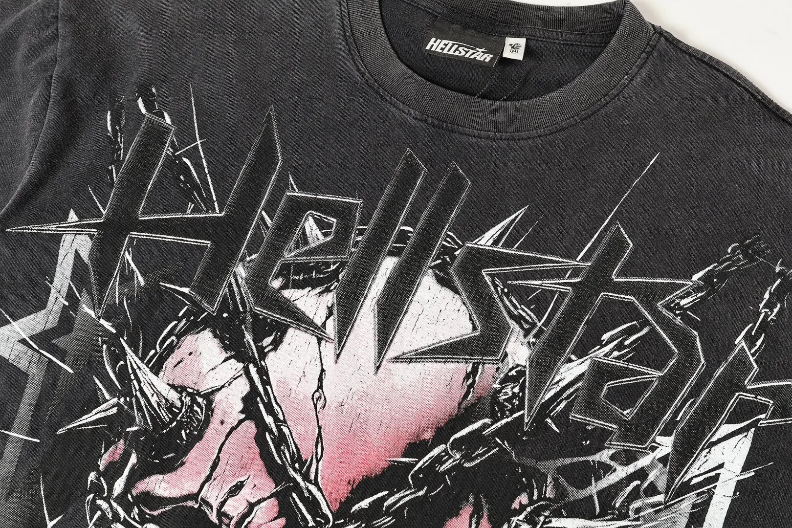 P124 Real-stock high-definition Hellstar Cross-border European and American style street brand pure cotton T-shirt Fabric (fabric): 32 pieces of 250g washed combed double yarn pure cotton Size (size): S-M- L- X L Color (colour): Washed black 👉