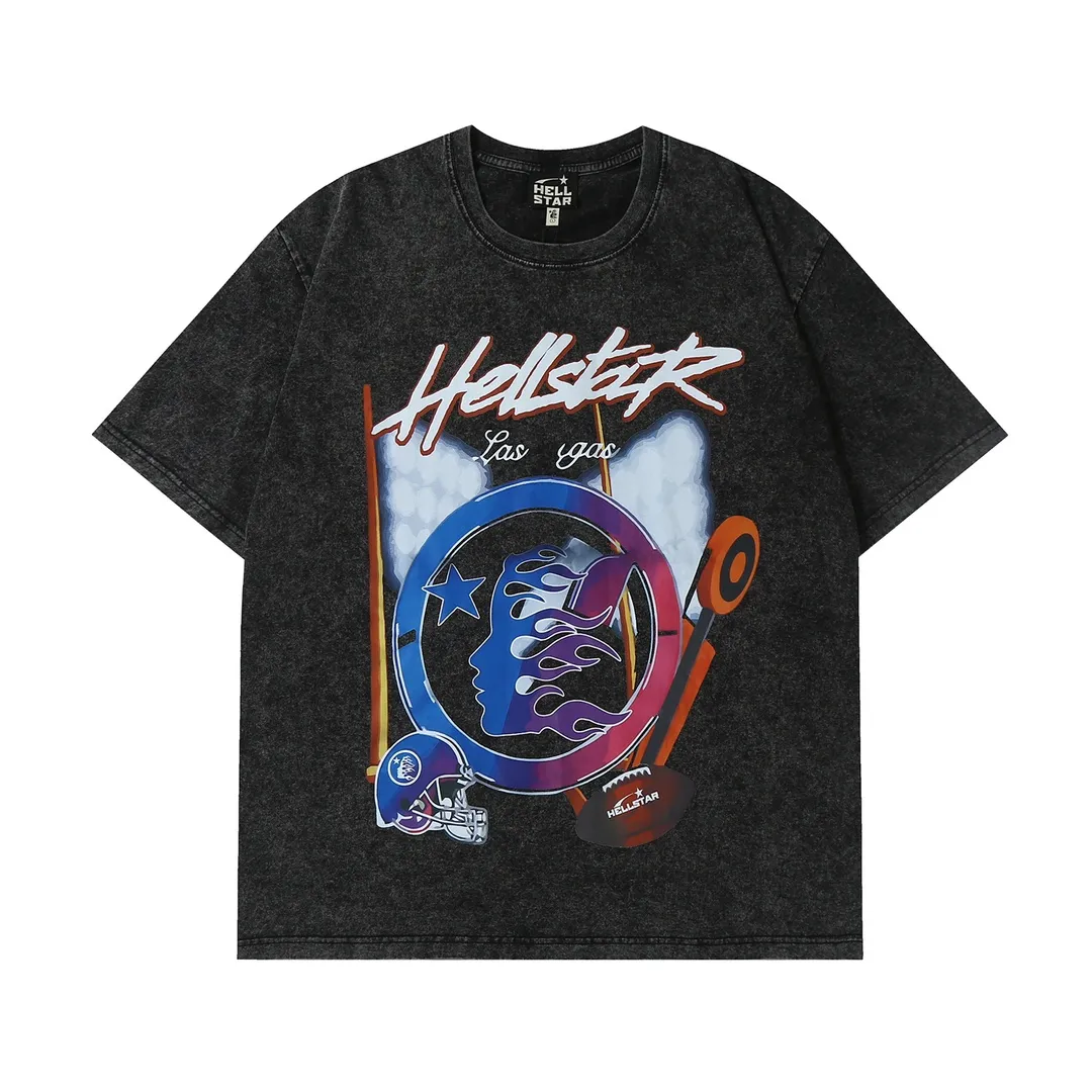 7711# P118 Washed Hellstar Hellstar ins same style retro printed tops for men and women, casual and trendy pure cotton washed short-sleeved T-shirt Color: Black Size: S M L XL