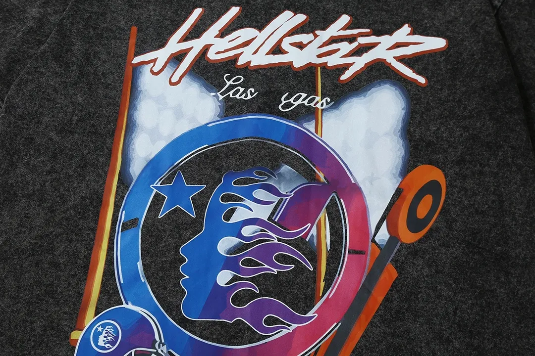 7711# P118 Washed Hellstar Hellstar ins same style retro printed tops for men and women, casual and trendy pure cotton washed short-sleeved T-shirt Color: Black Size: S M L XL
