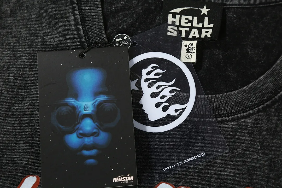 7711# P118 Washed Hellstar Hellstar ins same style retro printed tops for men and women, casual and trendy pure cotton washed short-sleeved T-shirt Color: Black Size: S M L XL