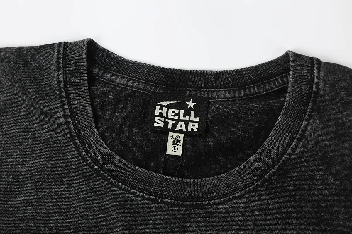 7711# P118 Washed Hellstar Hellstar ins same style retro printed tops for men and women, casual and trendy pure cotton washed short-sleeved T-shirt Color: Black Size: S M L XL