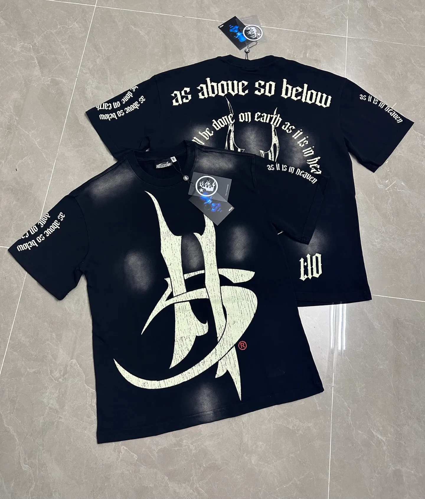 P124 835# Washed Black Hellstar Cross-border European and American style street brand pure cotton T-shirt Fabric (fabric): 32 counts of 250g washed and combed double yarn pure cotton Size (size): S-M- L- X L Color (colour): Washed black (spray Ma Liu)
