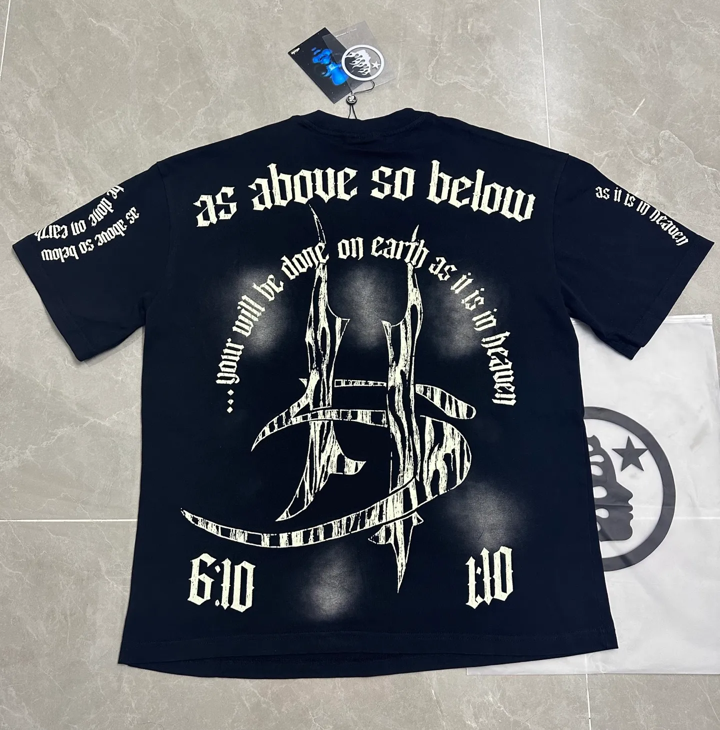 P124 835# Washed Black Hellstar Cross-border European and American style street brand pure cotton T-shirt Fabric (fabric): 32 counts of 250g washed and combed double yarn pure cotton Size (size): S-M- L- X L Color (colour): Washed black (spray Ma Liu)