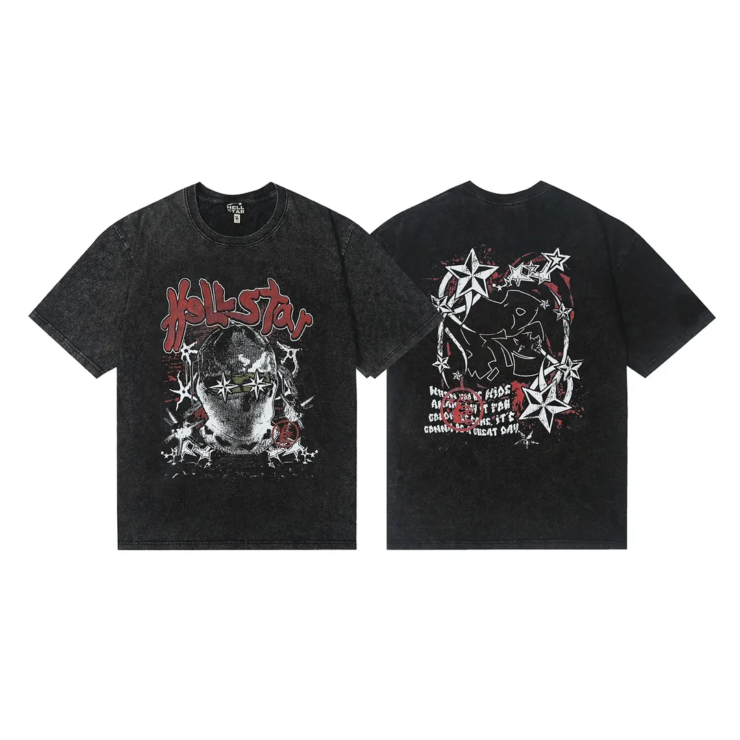 7712# P124 Washed Hellstar Hellstar ins same style retro printed tops for men and women, casual and trendy pure cotton washed short-sleeved T-shirt Color: Black Size: S M L XL