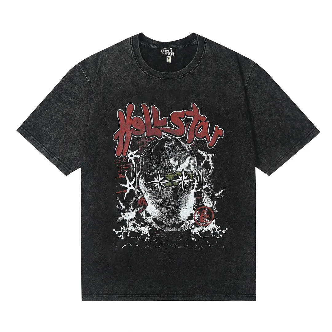 7712# P124 Washed Hellstar Hellstar ins same style retro printed tops for men and women, casual and trendy pure cotton washed short-sleeved T-shirt Color: Black Size: S M L XL