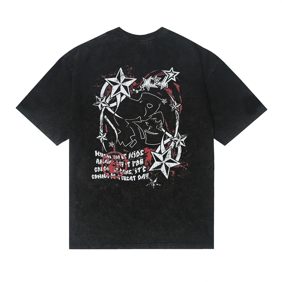 7712# P124 Washed Hellstar Hellstar ins same style retro printed tops for men and women, casual and trendy pure cotton washed short-sleeved T-shirt Color: Black Size: S M L XL