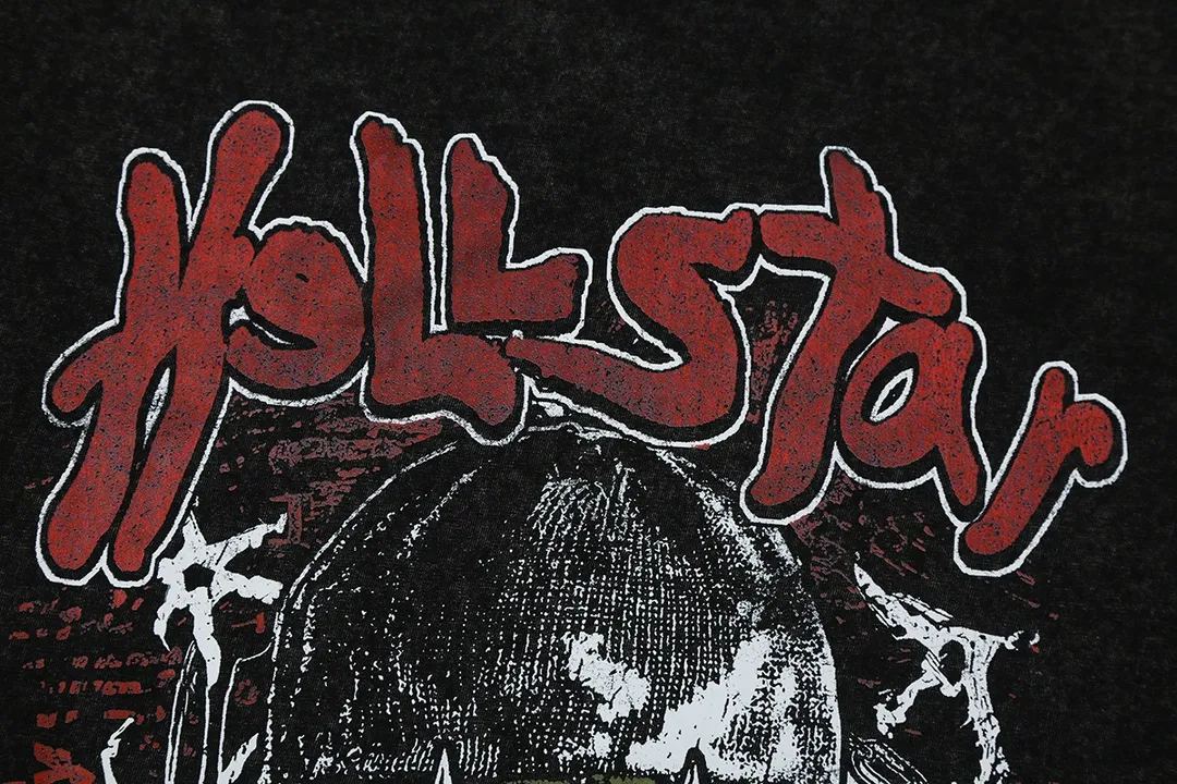 7712# P124 Washed Hellstar Hellstar ins same style retro printed tops for men and women, casual and trendy pure cotton washed short-sleeved T-shirt Color: Black Size: S M L XL