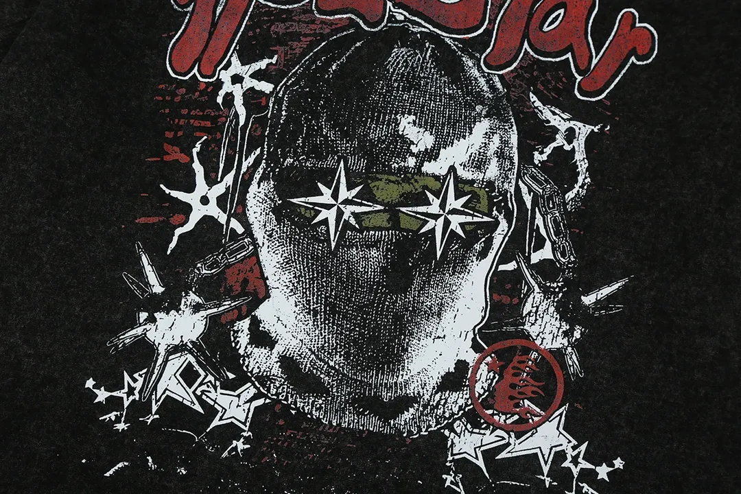 7712# P124 Washed Hellstar Hellstar ins same style retro printed tops for men and women, casual and trendy pure cotton washed short-sleeved T-shirt Color: Black Size: S M L XL