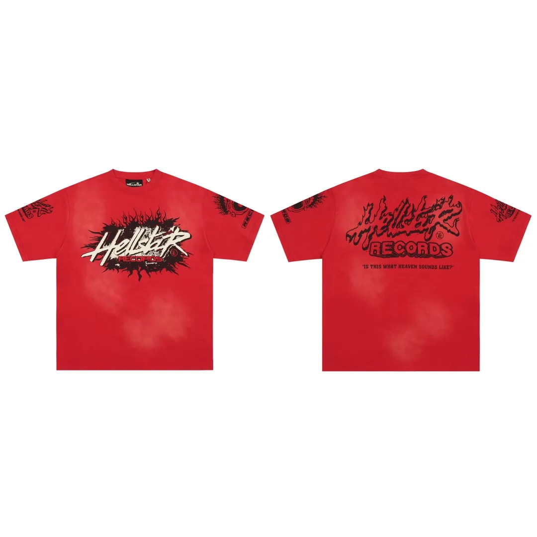 P126 HELLSTAR RECORDS T-SHIRT European and American trendy brand distressed pure cotton T-shirt short sleeves, the new hot beauty trend Hellstar!  Standard beauty and trendy workmanship, original customization (fabric, pattern, printing, hang tag, main mark, etc.), exaggerated style, explosive style, dare to break through tradition, bring adventurous new fashion experience!   YoungBoy, the most popular rapper in the youth circle, has shot a lot of models for him, and celebrities such as Dababy and Swae Lee frequently get dressed!  color: red Size: S, M, L, XL
