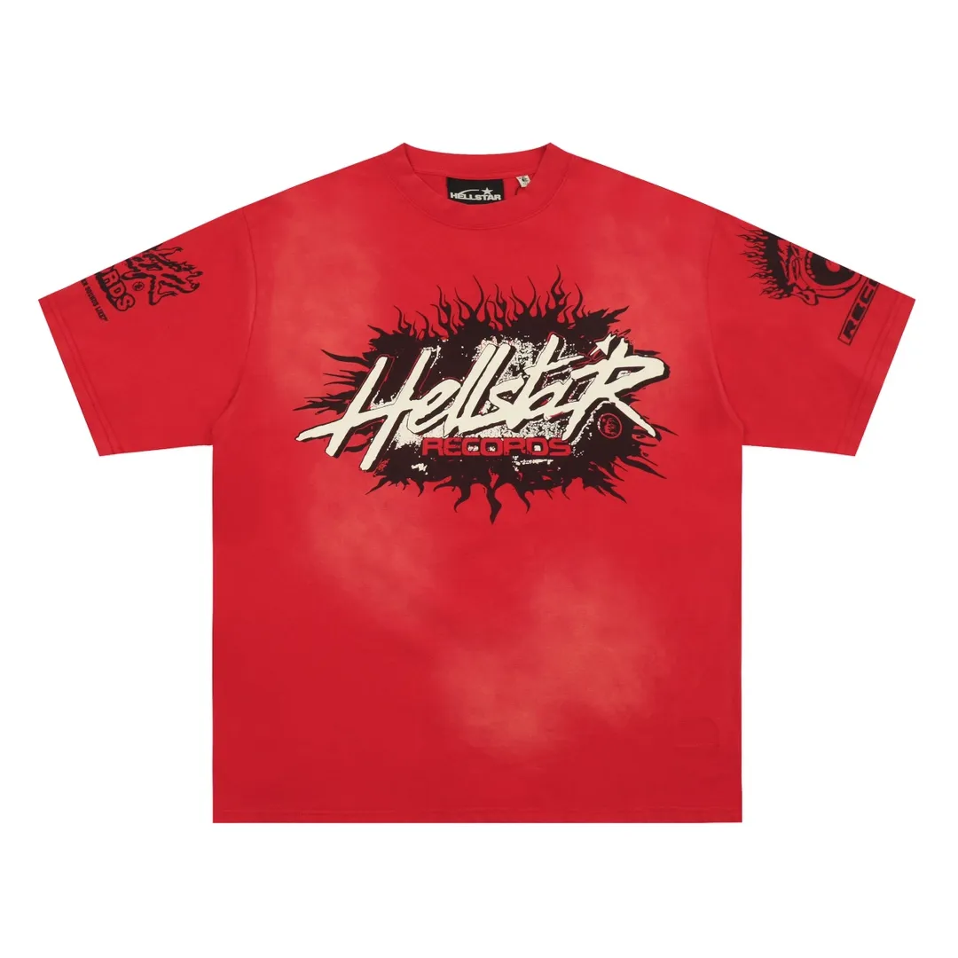 P126 HELLSTAR RECORDS T-SHIRT European and American trendy brand distressed pure cotton T-shirt short sleeves, the new hot beauty trend Hellstar!  Standard beauty and trendy workmanship, original customization (fabric, pattern, printing, hang tag, main mark, etc.), exaggerated style, explosive style, dare to break through tradition, bring adventurous new fashion experience!   YoungBoy, the most popular rapper in the youth circle, has shot a lot of models for him, and celebrities such as Dababy and Swae Lee frequently get dressed!  color: red Size: S, M, L, XL