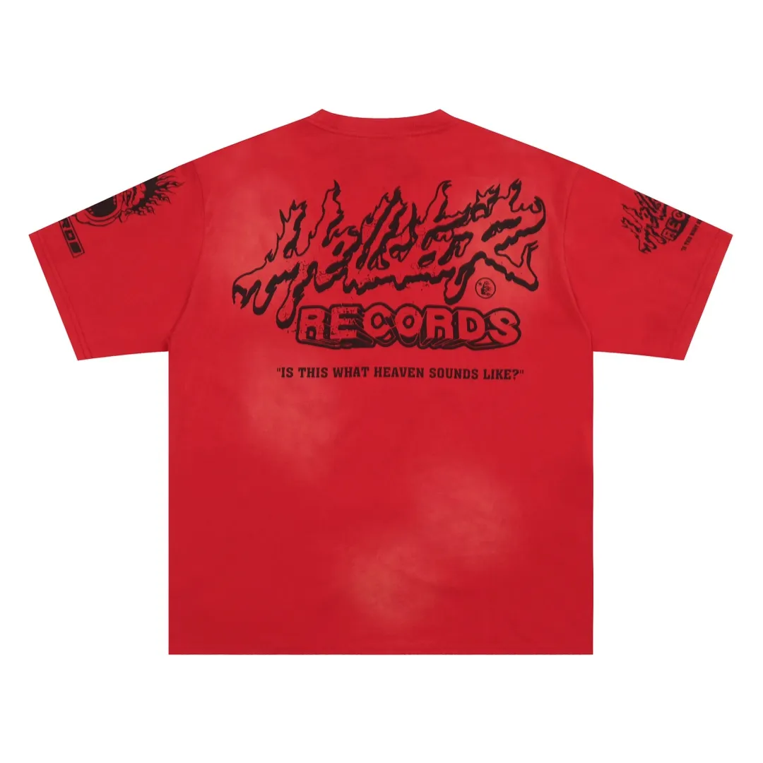 P126 HELLSTAR RECORDS T-SHIRT European and American trendy brand distressed pure cotton T-shirt short sleeves, the new hot beauty trend Hellstar!  Standard beauty and trendy workmanship, original customization (fabric, pattern, printing, hang tag, main mark, etc.), exaggerated style, explosive style, dare to break through tradition, bring adventurous new fashion experience!   YoungBoy, the most popular rapper in the youth circle, has shot a lot of models for him, and celebrities such as Dababy and Swae Lee frequently get dressed!  color: red Size: S, M, L, XL
