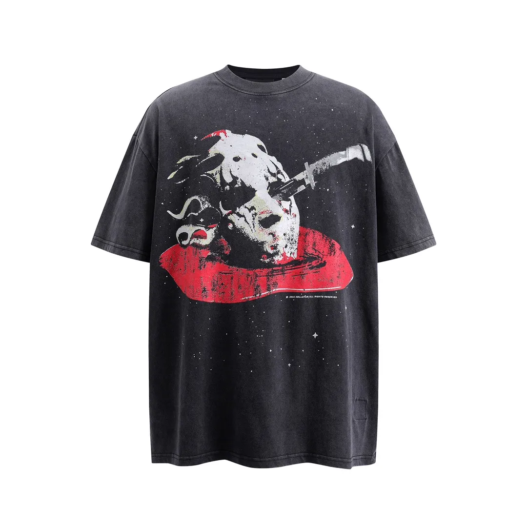 P134 HELLSTAR Jason Mask Shirt High-quality distressed short-sleeved T-shirt The new hot beauty trend Hellstar!  Standard beauty and trendy workmanship, original customization (fabric, pattern, printing, hang tag, main mark, etc.), exaggerated style, explosive style, dare to break through tradition, bring adventurous new fashion experience!   YoungBoy, the most popular rapper in the youth circle, has shot a lot of models for him, and celebrities such as Dababy and Swae Lee frequently get dressed!  color: black Size: S, M, L, XL
