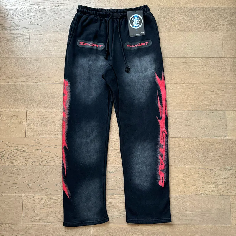 P206 Washed black Real shot Hellstar Washed distressed terry high street retro sweatpants Fabric 380g pure cotton terry cloth Color: Washed black Size: S M L XL