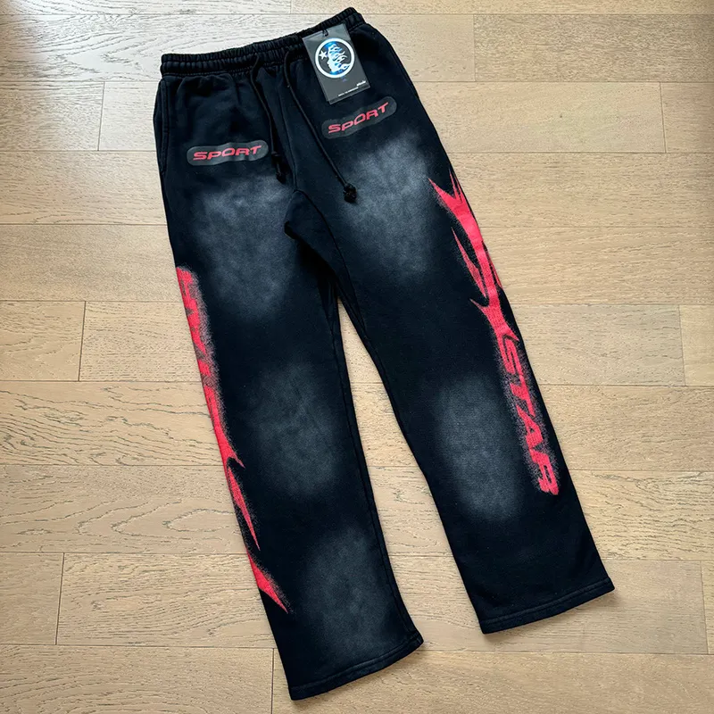 P206 Washed black Real shot Hellstar Washed distressed terry high street retro sweatpants Fabric 380g pure cotton terry cloth Color: Washed black Size: S M L XL