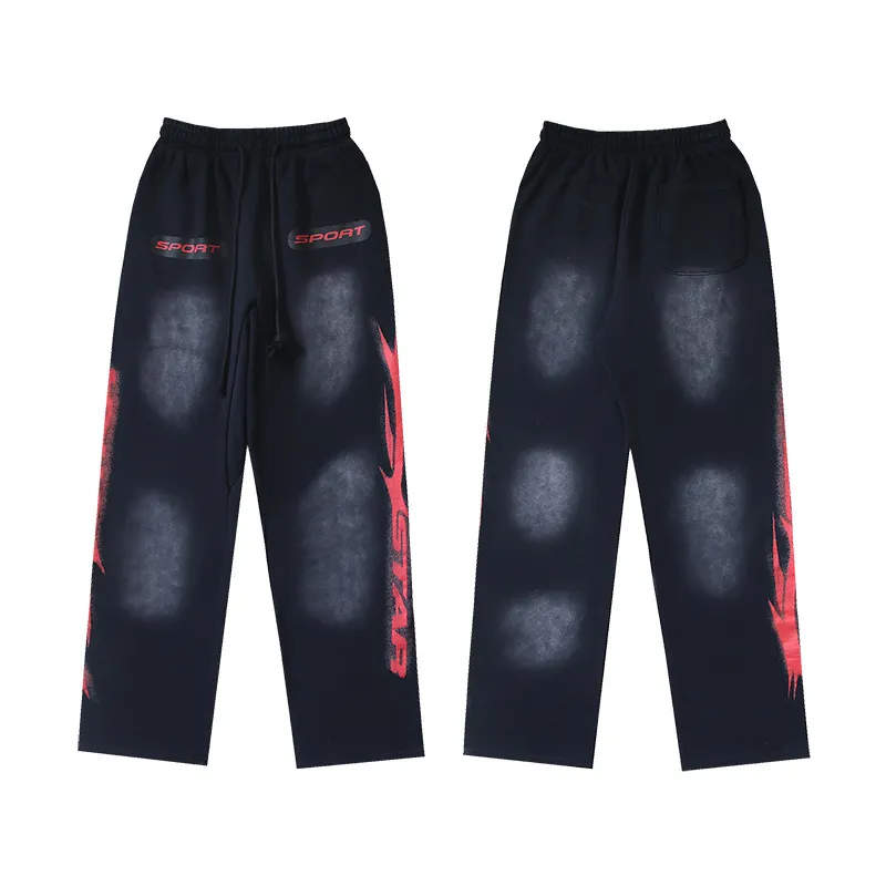 P206 Washed black Real shot Hellstar Washed distressed terry high street retro sweatpants Fabric 380g pure cotton terry cloth Color: Washed black Size: S M L XL