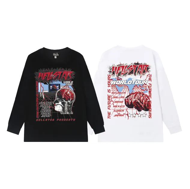 5527# P136 Hellstar Hellstar letter print lightning high street men and women hip-hop loose long-sleeved T-shirt Color: Black White Size: S M L XL