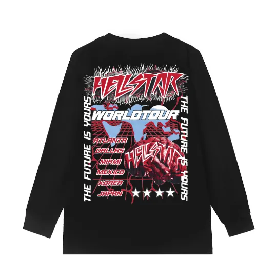 5527# P136 Hellstar Hellstar letter print lightning high street men and women hip-hop loose long-sleeved T-shirt Color: Black White Size: S M L XL
