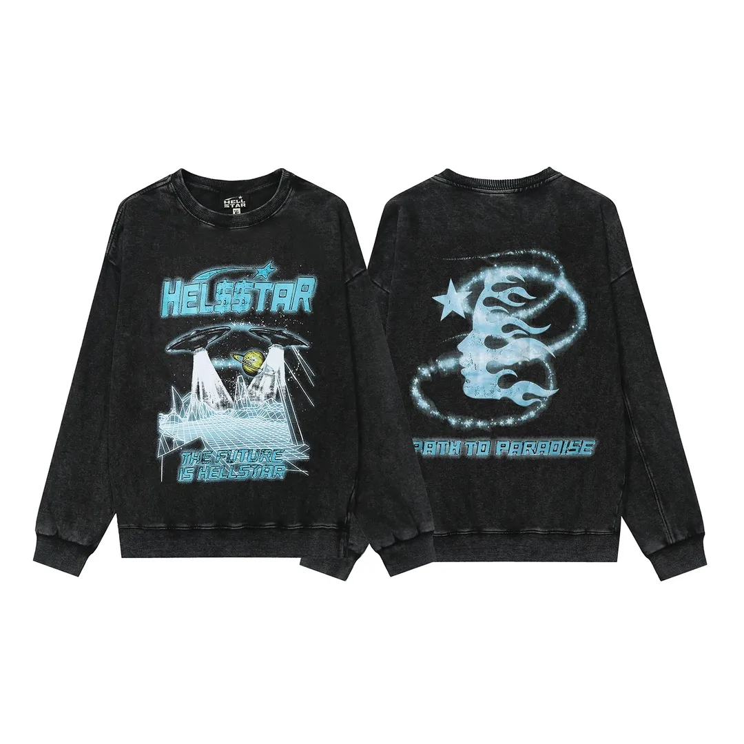 2202# P176 Washed European and American trendy brand Hellstar Washed and distressed American men and women couples casual loose round neck pocketless pullover sweatshirt Color: Black Size: S M L XL