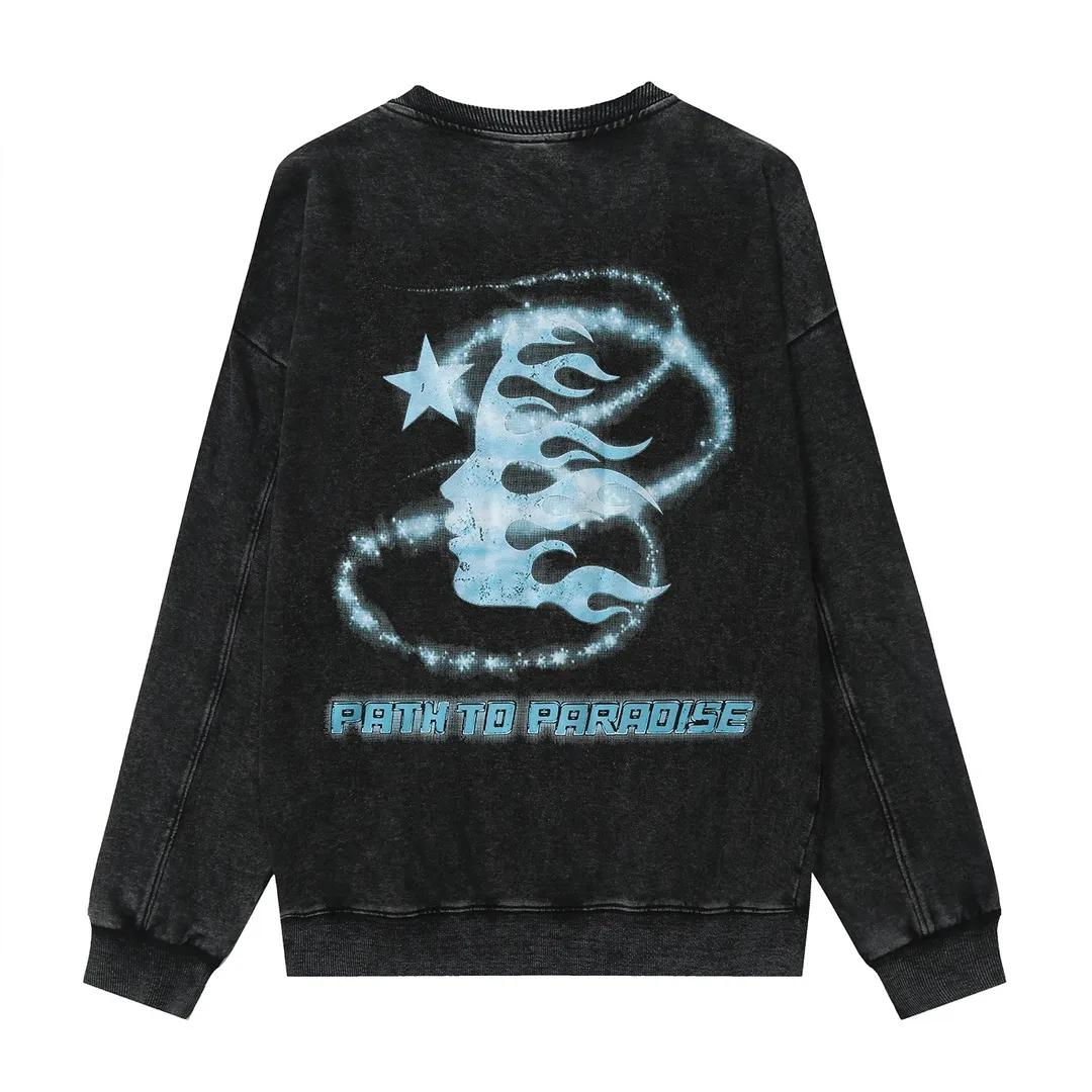 2202# P176 Washed European and American trendy brand Hellstar Washed and distressed American men and women couples casual loose round neck pocketless pullover sweatshirt Color: Black Size: S M L XL