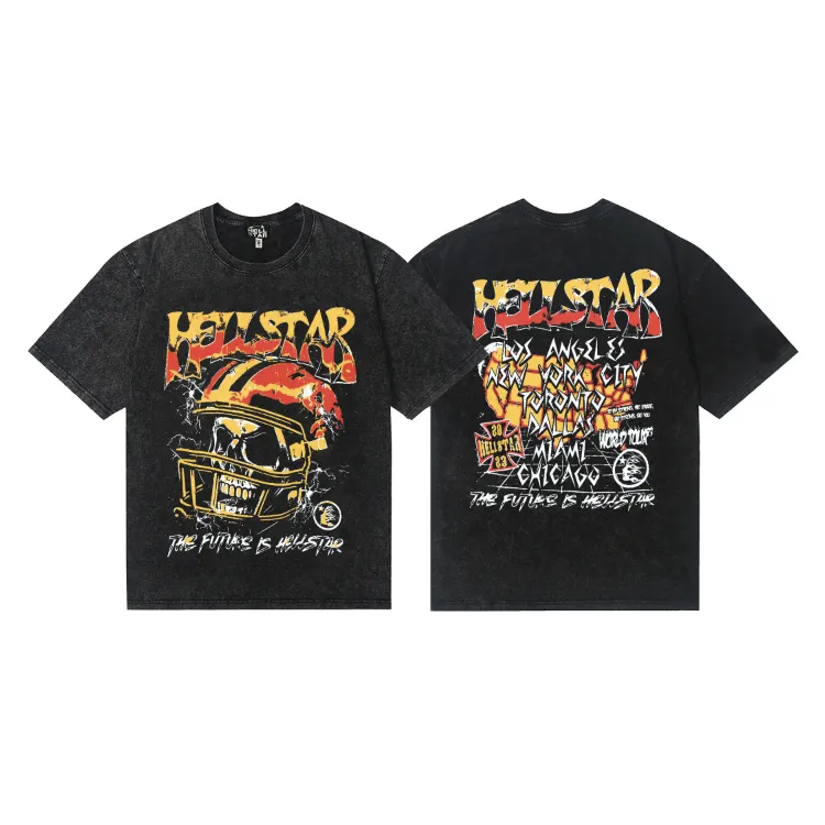 7731# P124 Washed Hellstar Hellstar ins same style retro printed tops for men and women, casual and trendy pure cotton washed short-sleeved T-shirt Color: Black Size: S M L XL