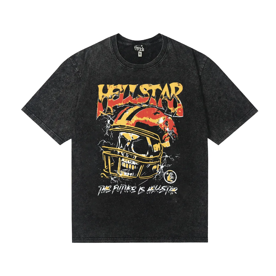 7731# P124 Washed Hellstar Hellstar ins same style retro printed tops for men and women, casual and trendy pure cotton washed short-sleeved T-shirt Color: Black Size: S M L XL