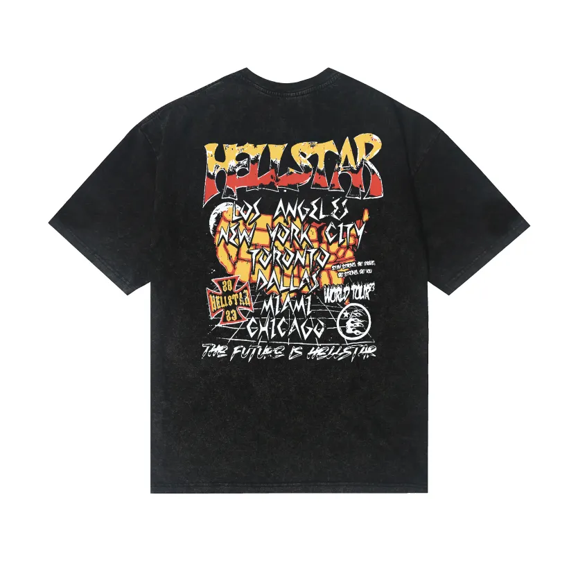 7731# P124 Washed Hellstar Hellstar ins same style retro printed tops for men and women, casual and trendy pure cotton washed short-sleeved T-shirt Color: Black Size: S M L XL