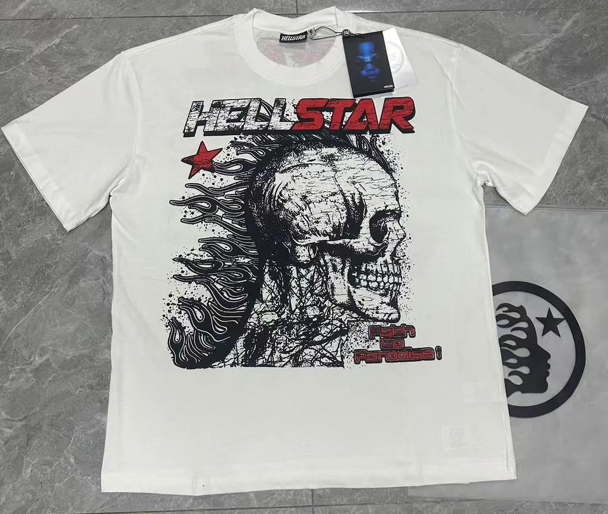 P108 Real-stock Hellstar cross-border European and American style, street fashion brand pure cotton T-shirt. Fabric: 32 counts of 240g combed double yarn pure cotton Size: S-M- L- X L Color: White: Apricot 👉 👉 👉