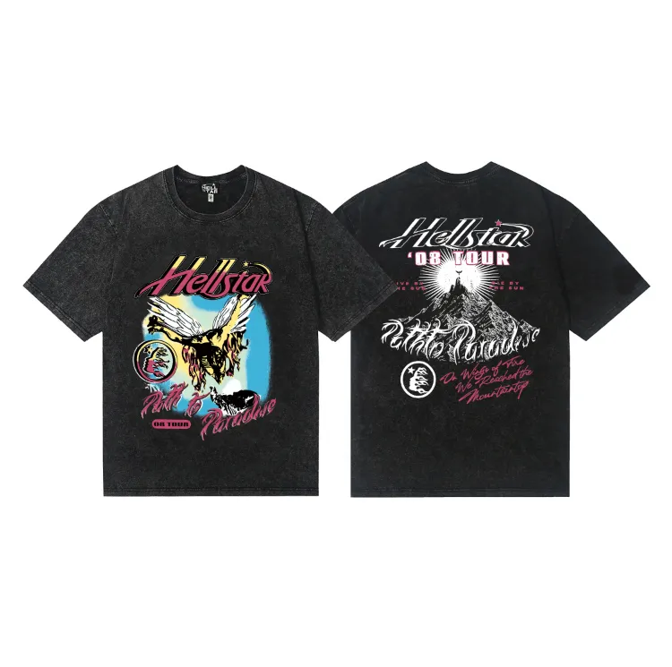 7735# P124 Washed Hellstar Hellstar ins same style retro printed tops for men and women, casual and trendy pure cotton washed short-sleeved T-shirt Color: Black Size: S M L XL