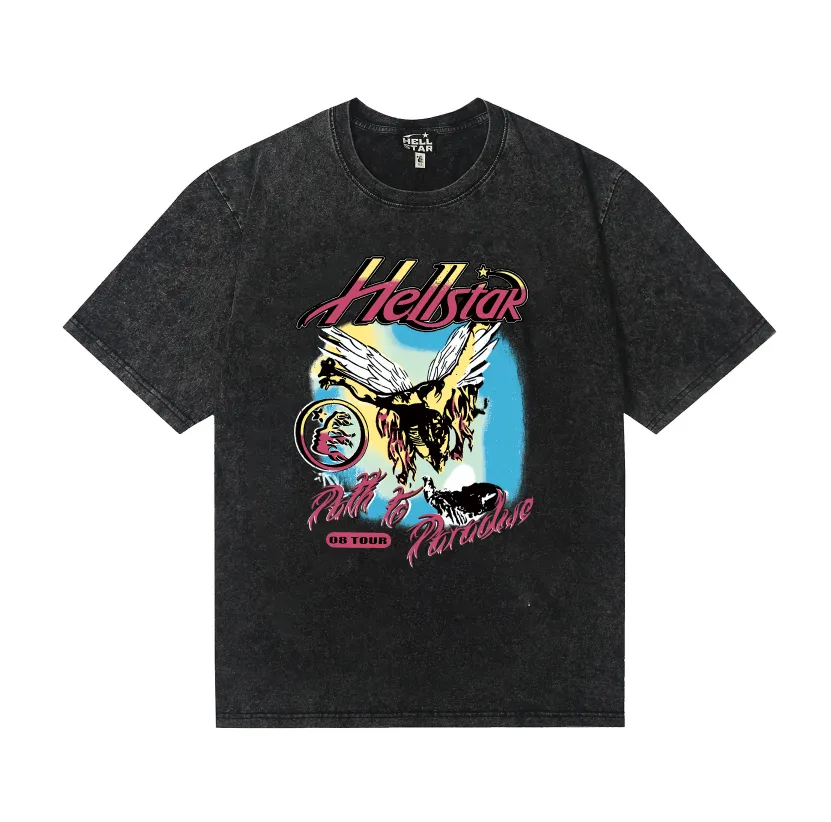7735# P124 Washed Hellstar Hellstar ins same style retro printed tops for men and women, casual and trendy pure cotton washed short-sleeved T-shirt Color: Black Size: S M L XL