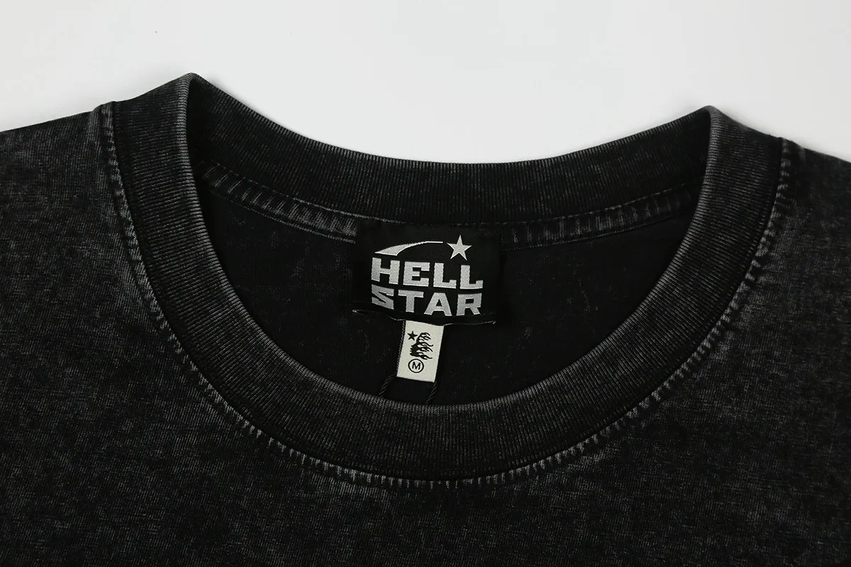 7735# P124 Washed Hellstar Hellstar ins same style retro printed tops for men and women, casual and trendy pure cotton washed short-sleeved T-shirt Color: Black Size: S M L XL