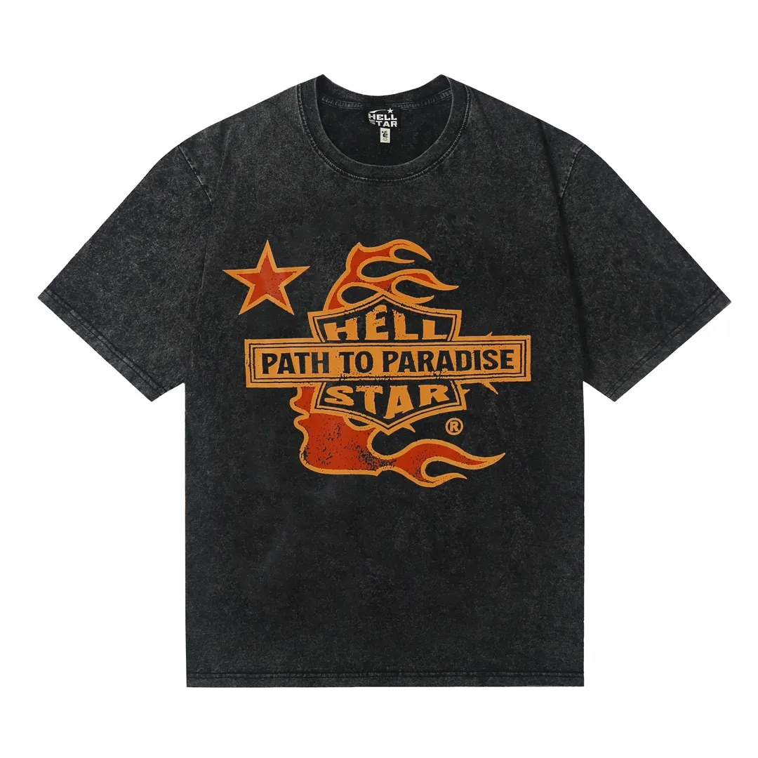 7716# P124 Washed Hellstar Hellstar ins same style retro printed tops for men and women, casual and trendy pure cotton washed short-sleeved T-shirt Color: Black Size: S M L XL